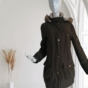 DKNY Dark Brown Utility Jacket with Fur Hood